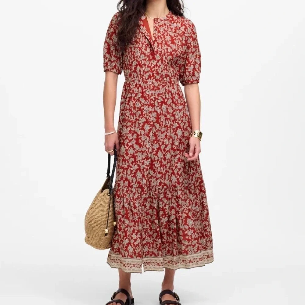 Madewell Red Paisley Floral Button Front Puff Sleeve Tiered Midi Dress 4 - Picture 2 of 11